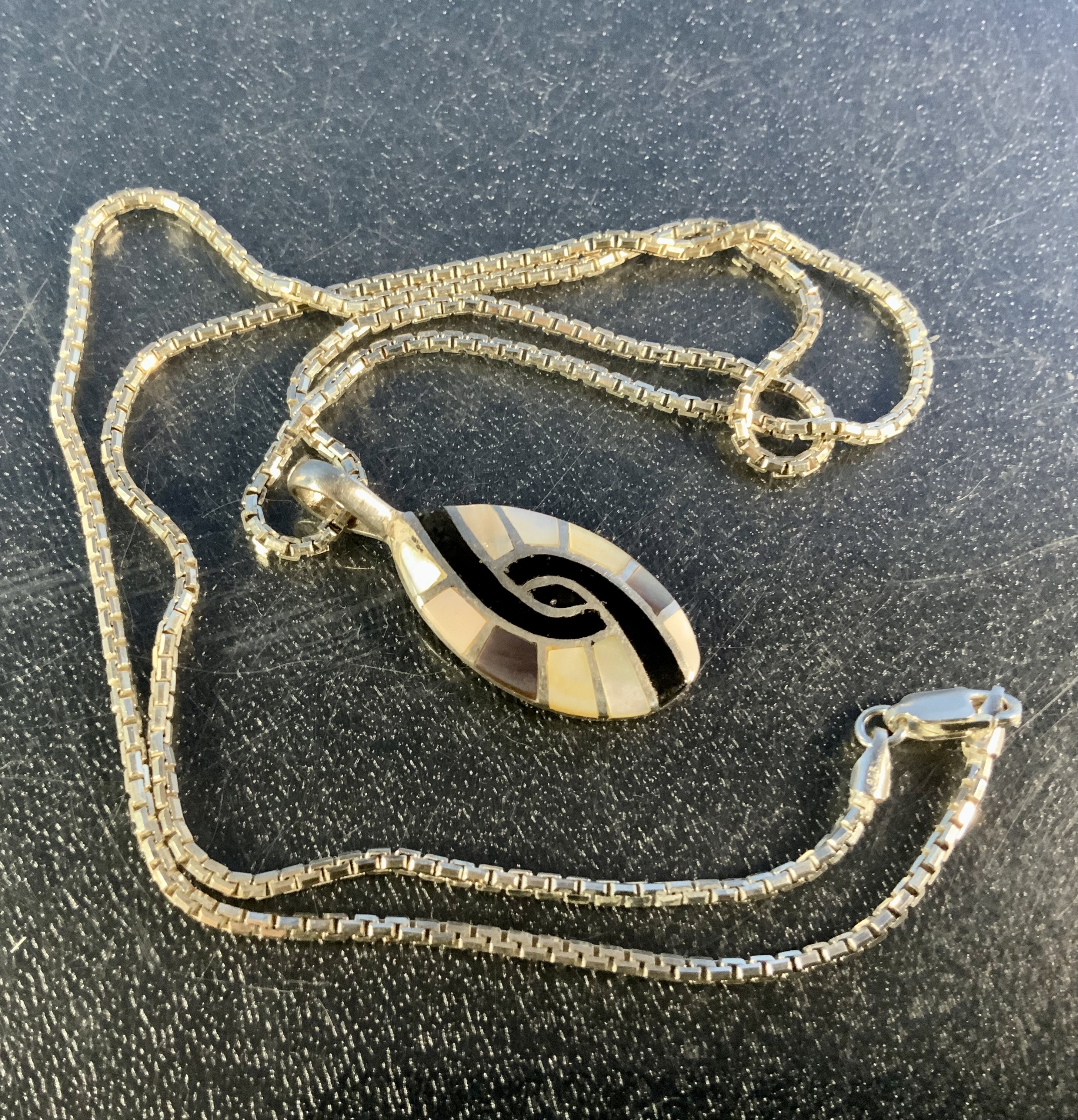 Onyx Mother of Pearl Sterling Silver 22 inch Necklace