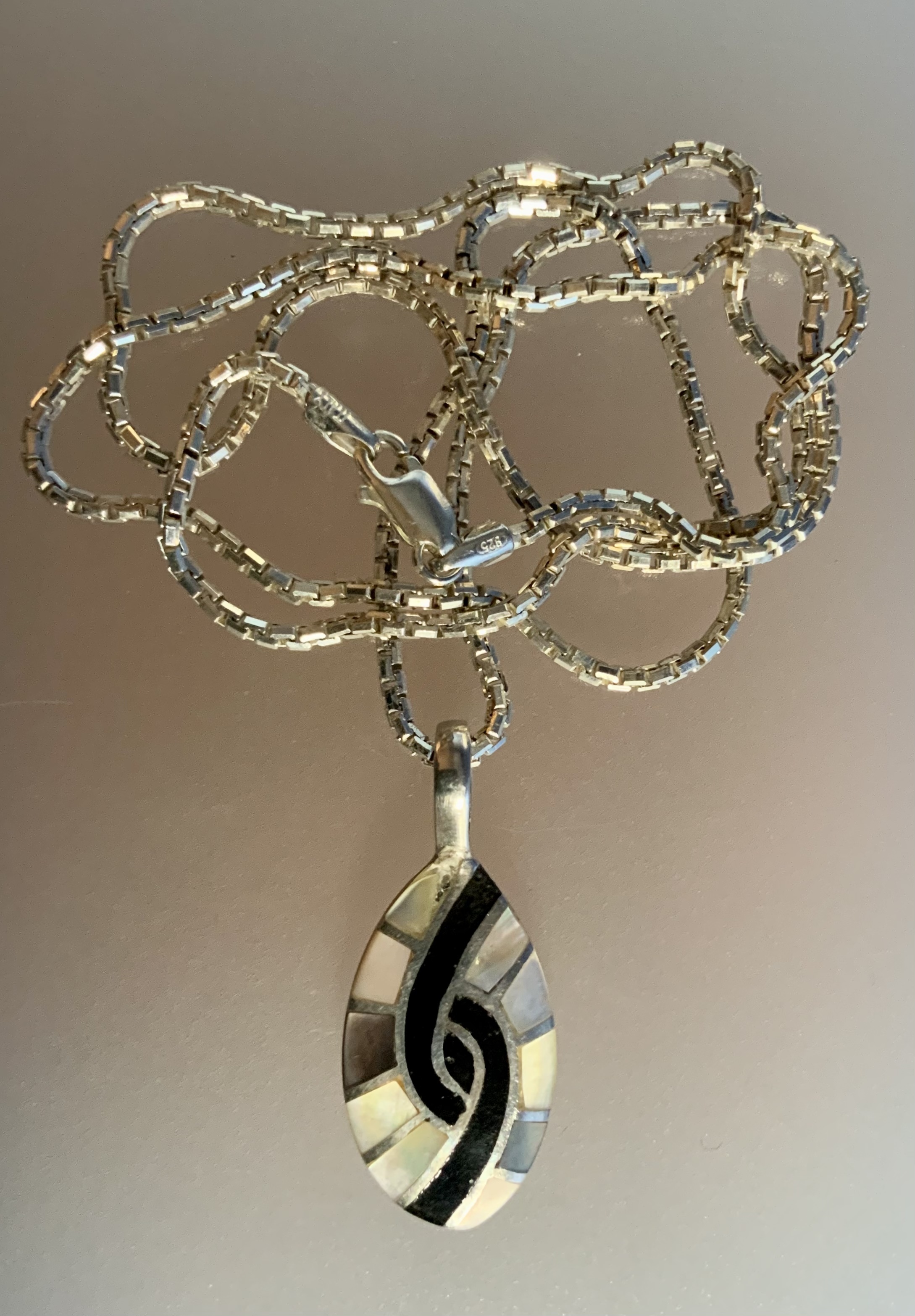 Onyx Mother of Pearl Sterling Silver 22 inch Necklace