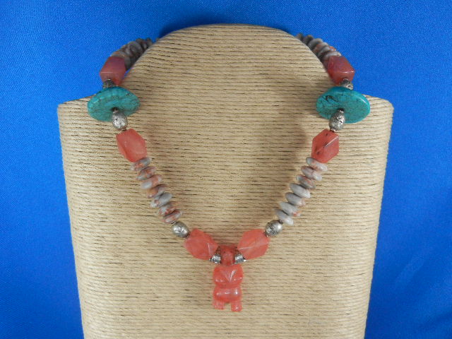 Carved Rose Quartz Turquoise Silver Agate Necklace