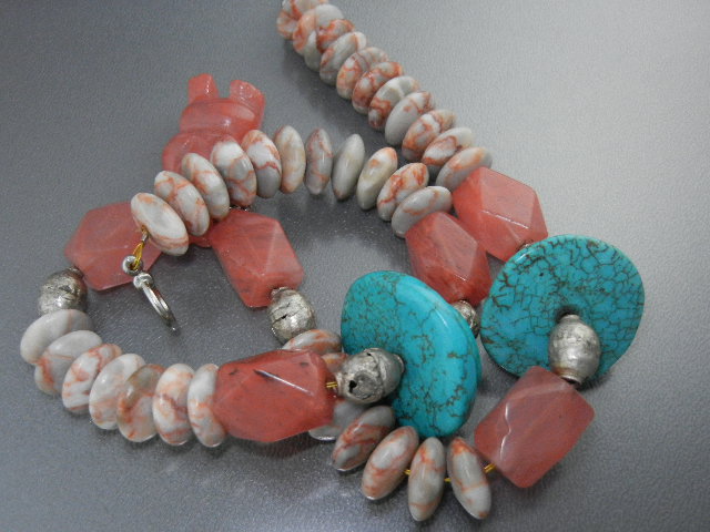 Carved Rose Quartz Turquoise Silver Agate Necklace