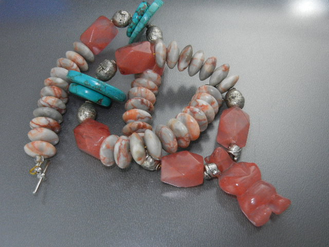 Carved Rose Quartz Turquoise Silver Agate Necklace