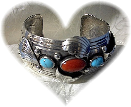 Navajo Coral Turquoise Sterling Silver Cuff R.A. Lewis