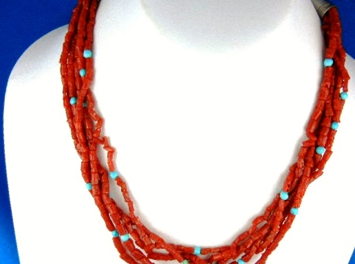 Native American Coral Turquoise Sterling Silver Necklac