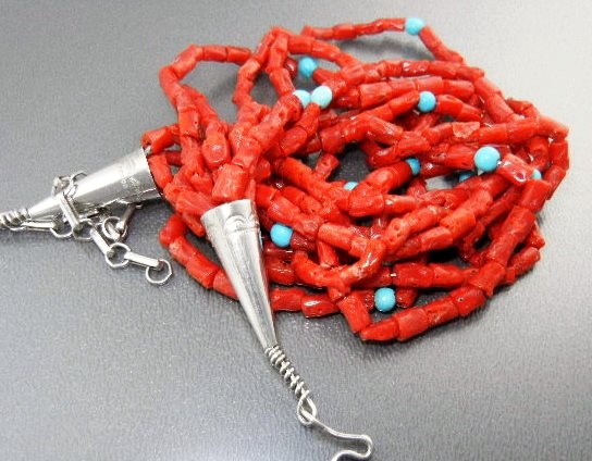 Native American Coral Turquoise Sterling Silver Necklac