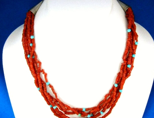 Native American Coral Turquoise Sterling Silver Necklac