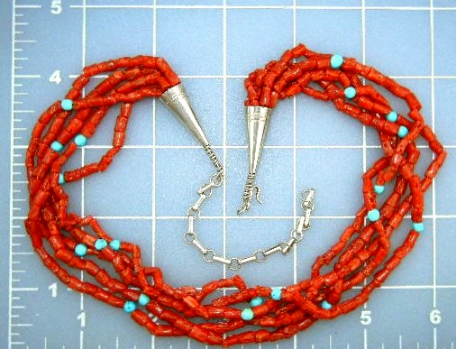 Native American Coral Turquoise Sterling Silver Necklac