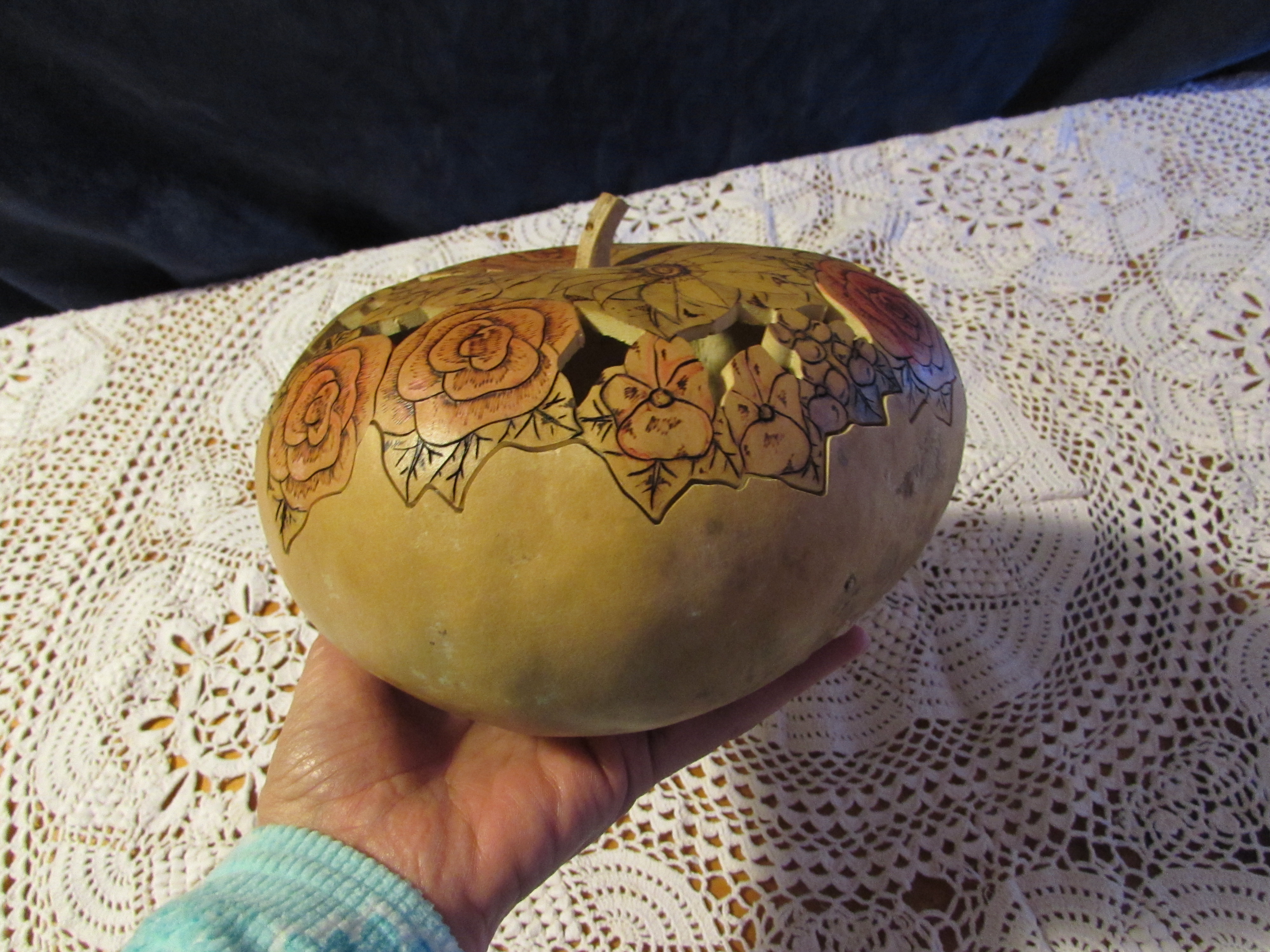 Scroll Cut Wood Burnt and Painted Gourd Box dish