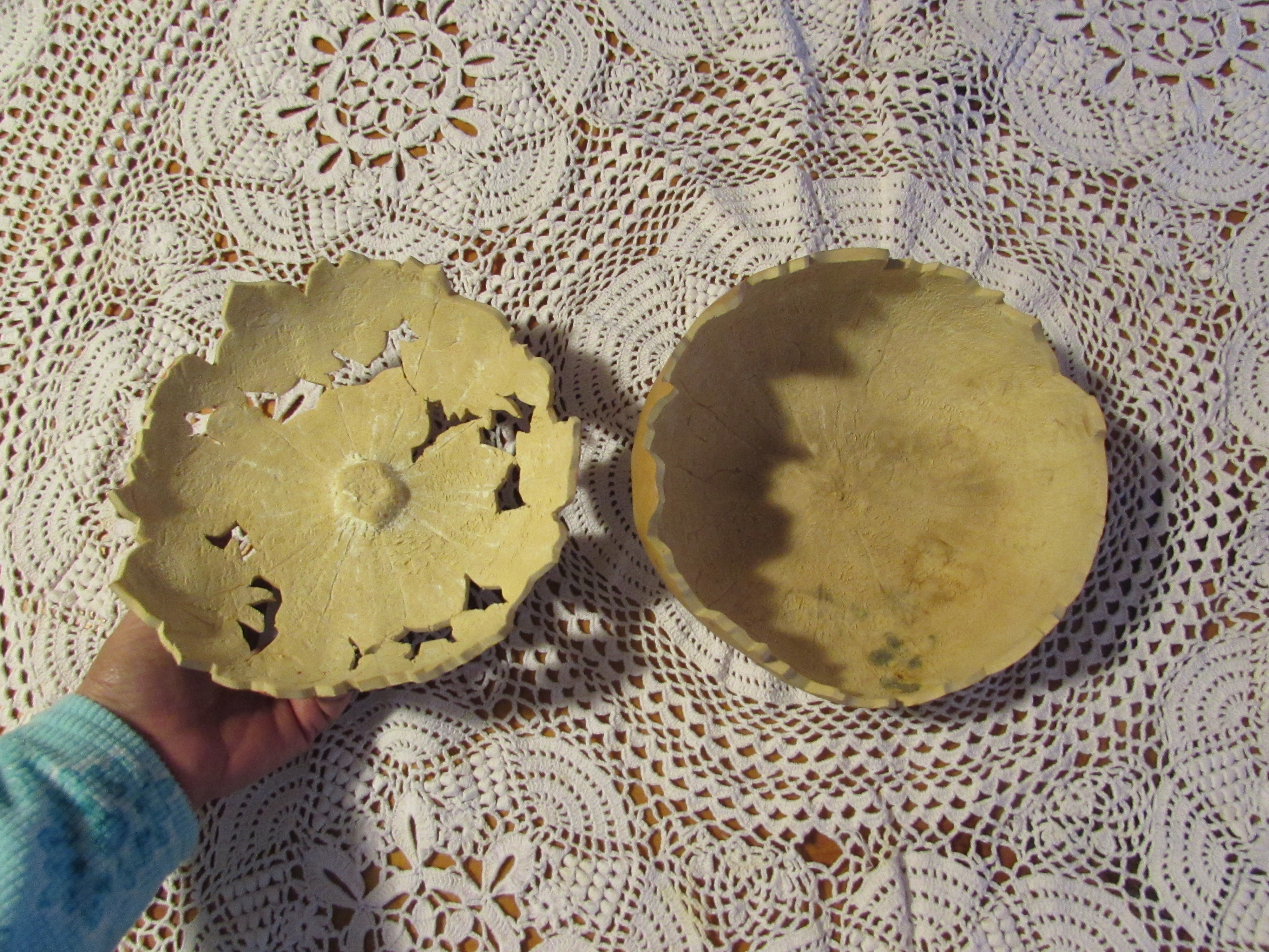 Scroll Cut Wood Burnt and Painted Gourd Box dish