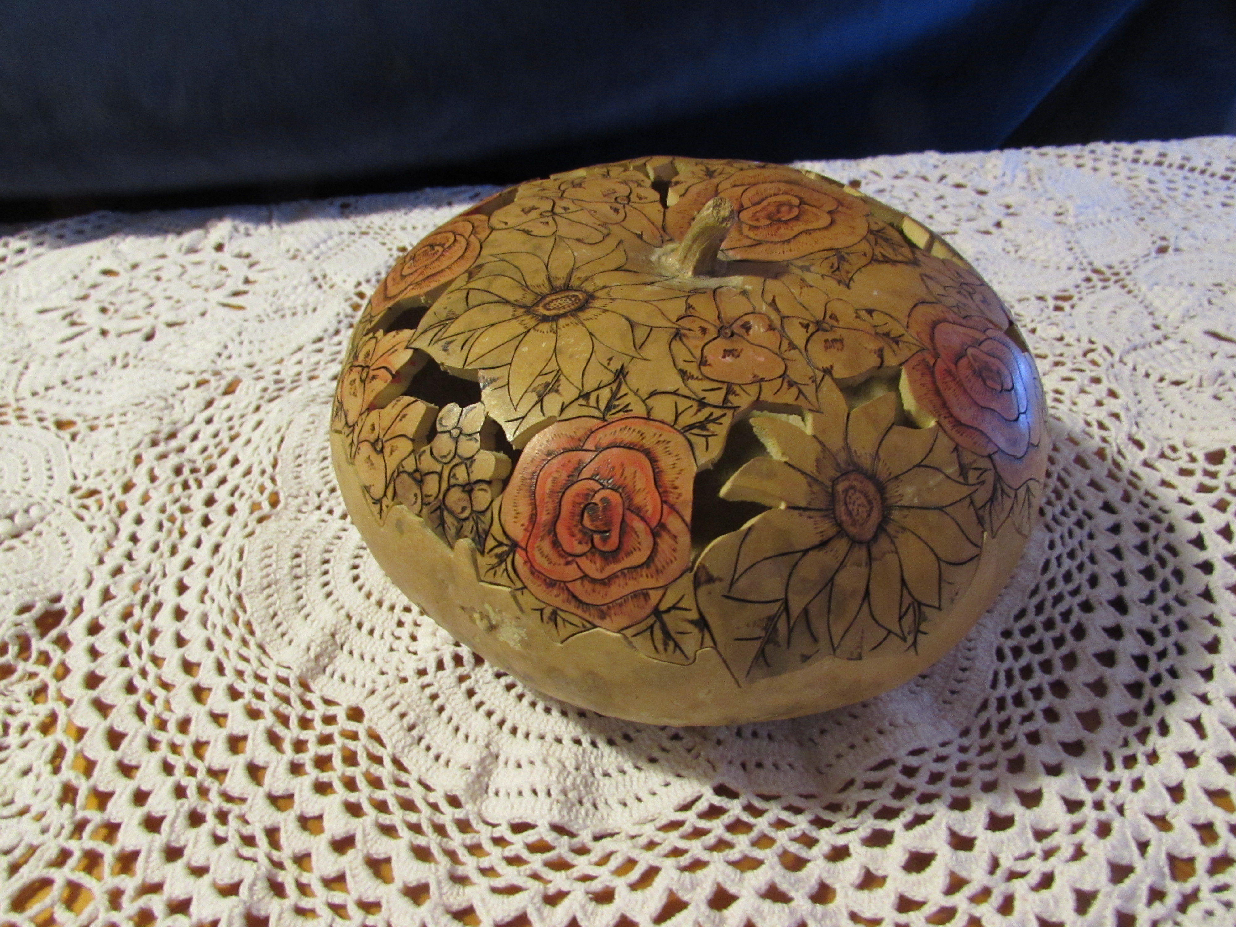 Scroll Cut Wood Burnt and Painted Gourd Box dish