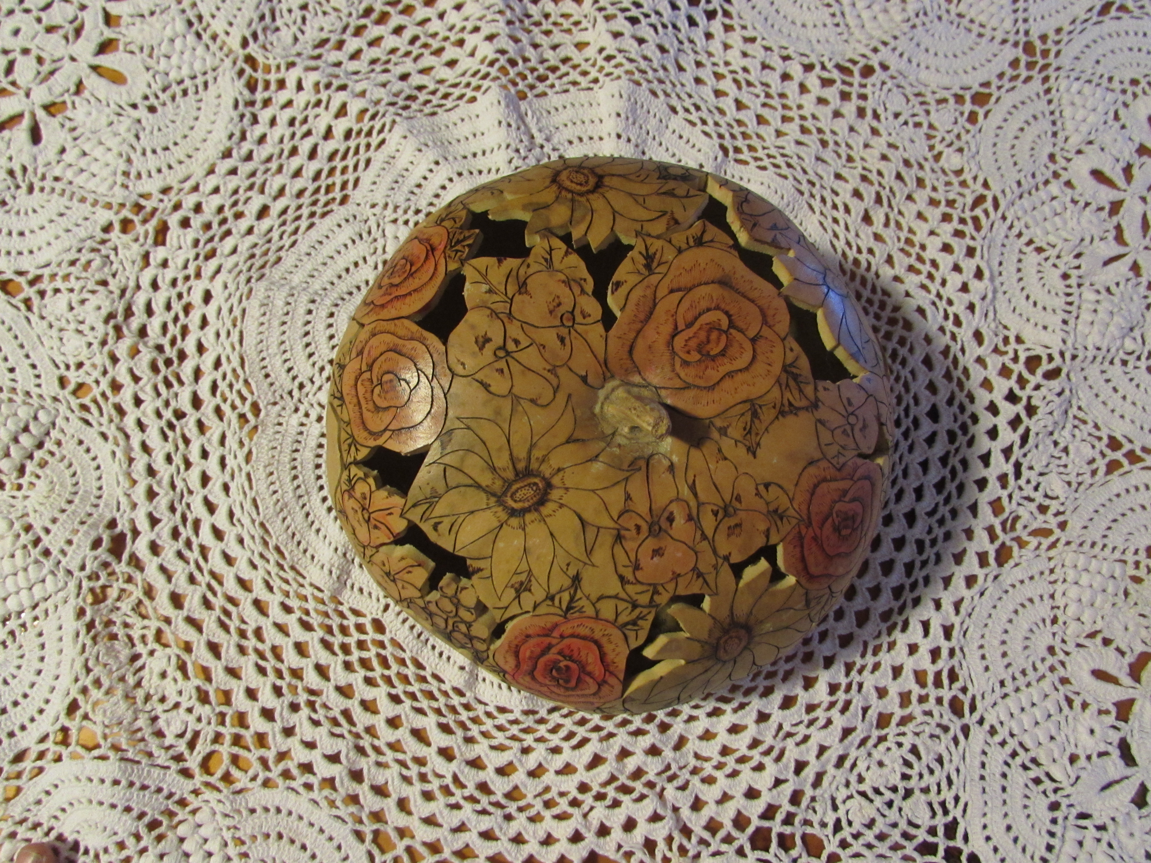 Scroll Cut Wood Burnt and Painted Gourd Box dish