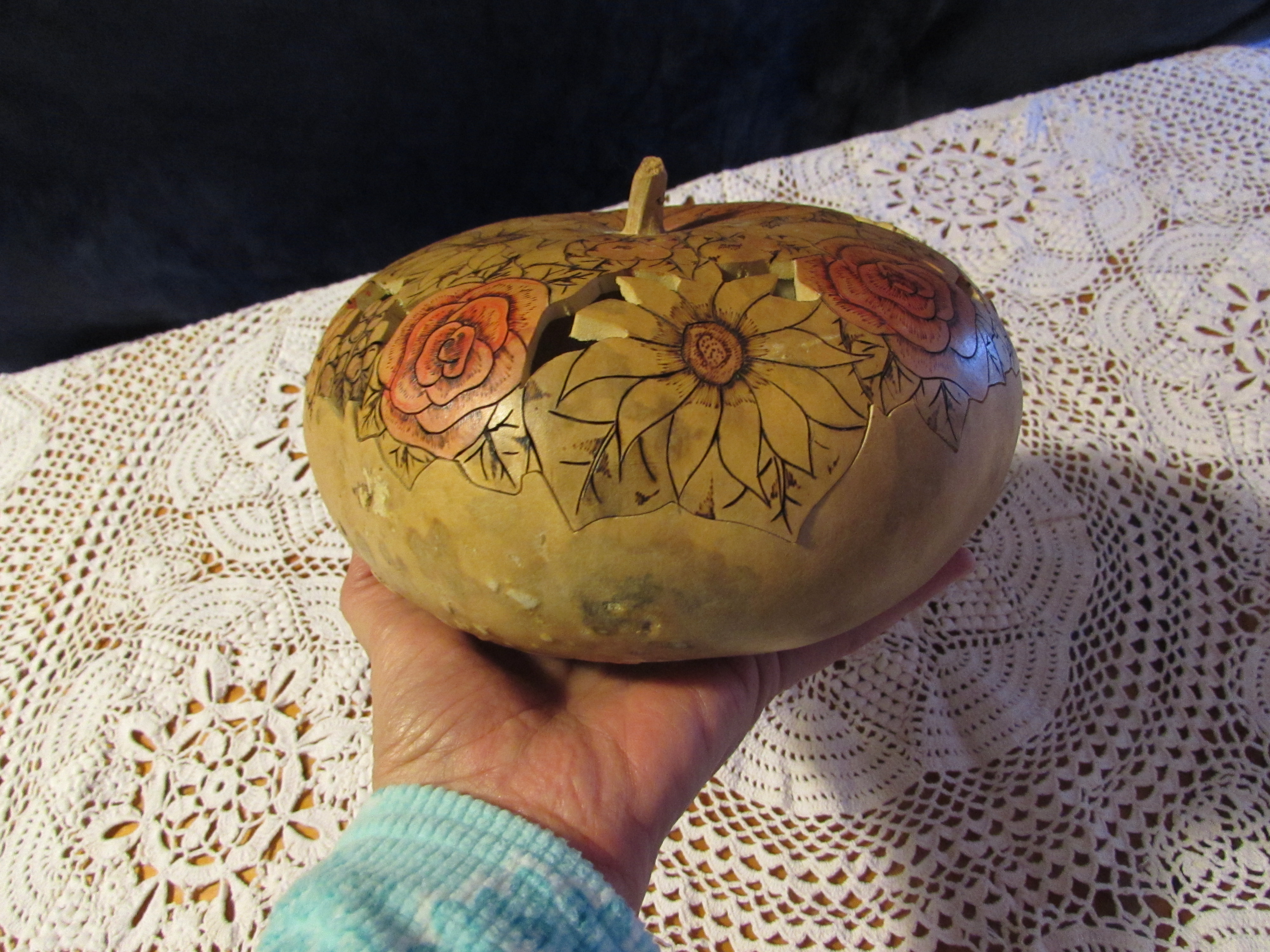 Scroll Cut Wood Burnt and Painted Gourd Box dish