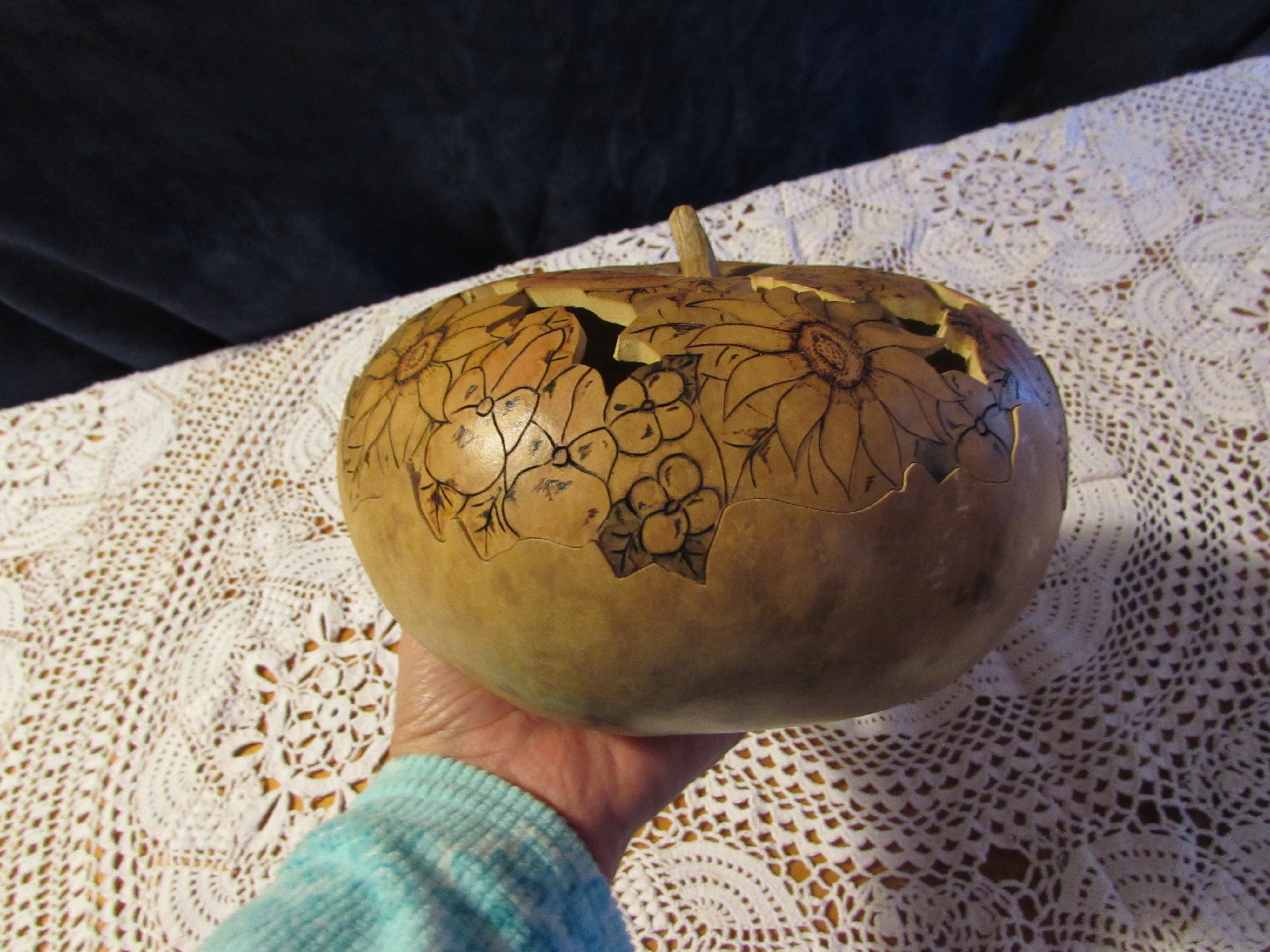 Scroll Cut Wood Burnt and Painted Gourd Box dish