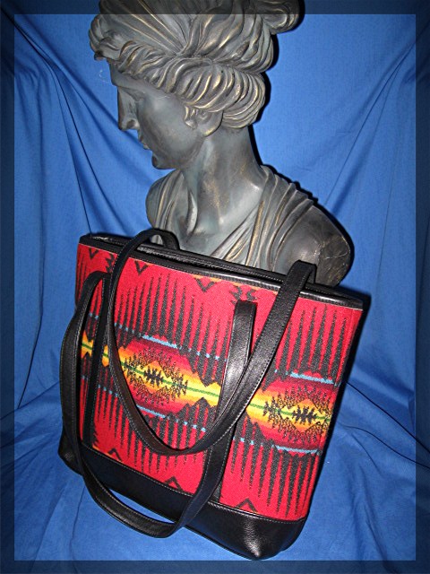 Bag Pendleton Leather  Red Gold  Wool Tote