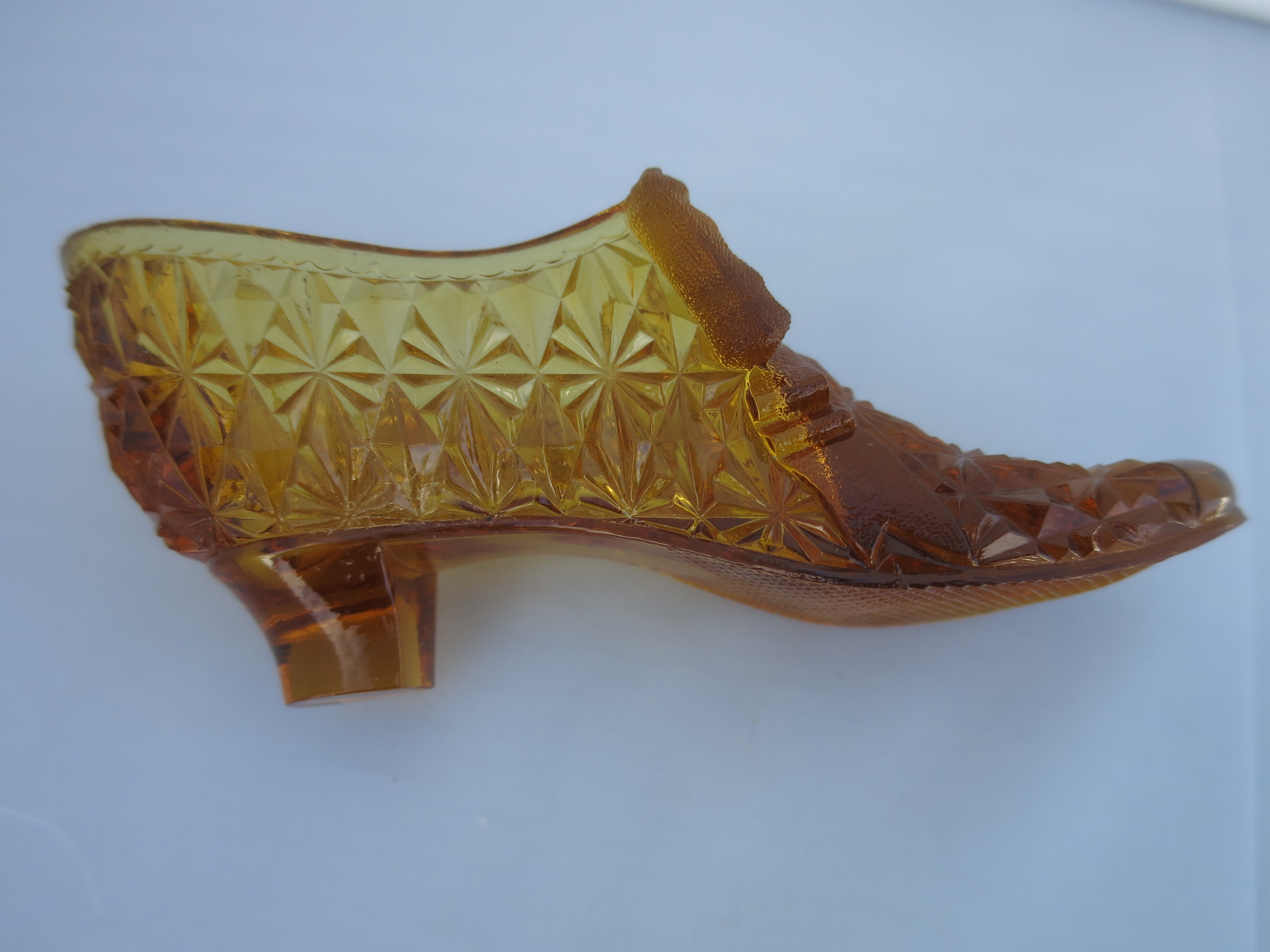 Fenton Art Glass Amber Slipper Shoe DaisyButton and Bow