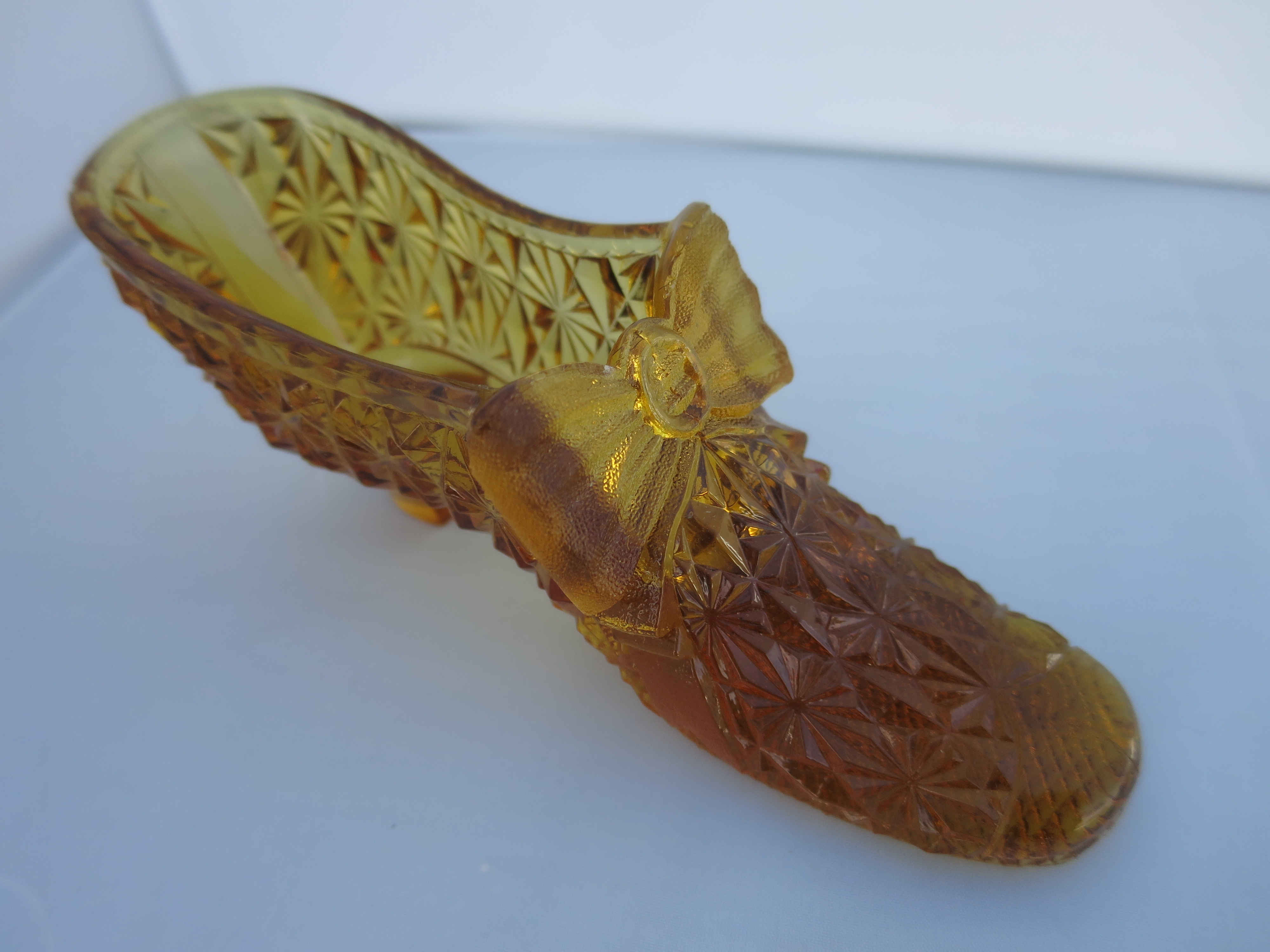 Fenton Art Glass Amber Slipper Shoe DaisyButton and Bow