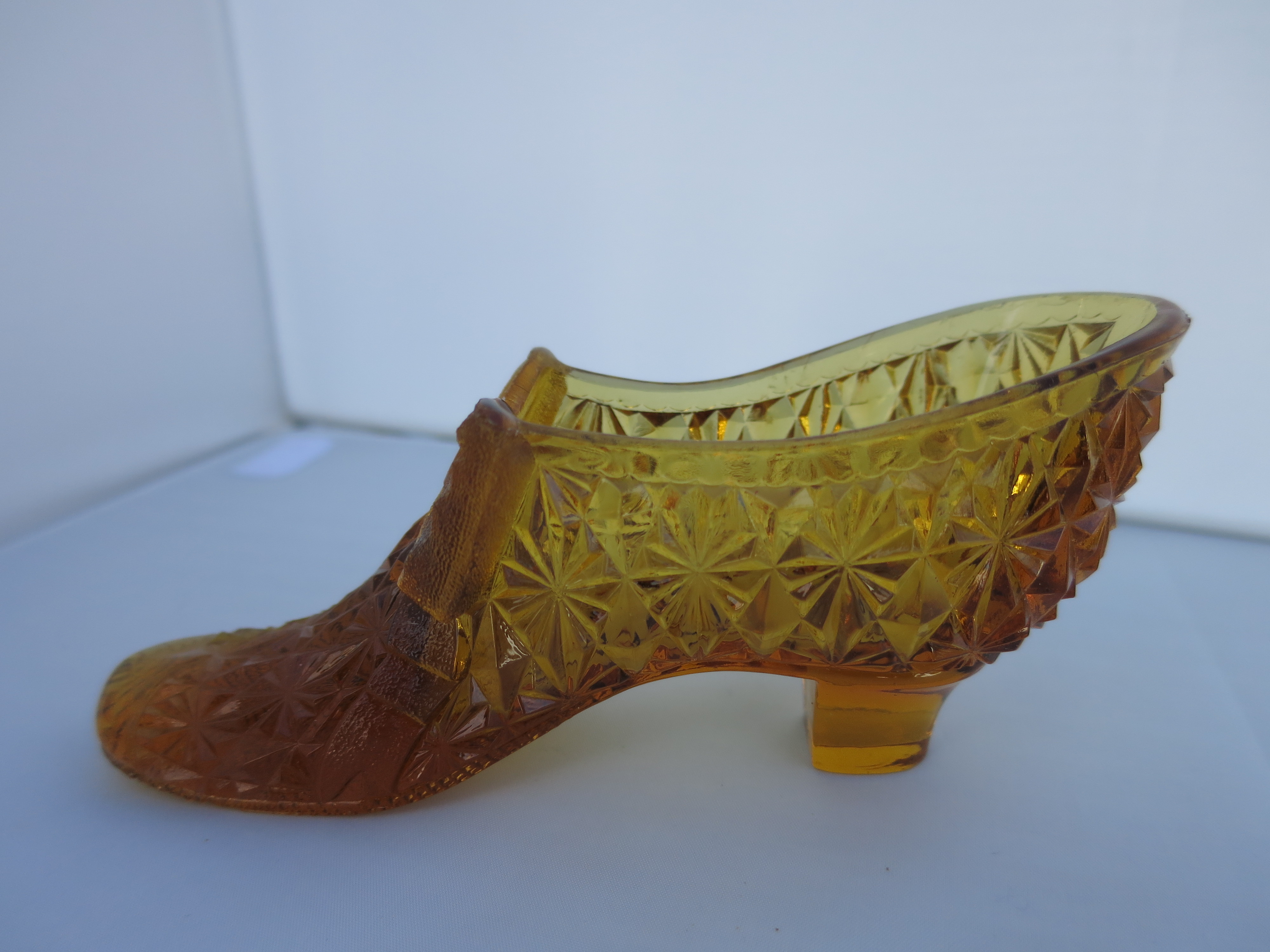 Fenton Art Glass Amber Slipper Shoe DaisyButton and Bow