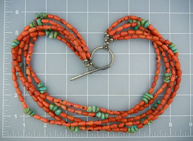 Orange Coral and Turquoise Designer 5 Strand Necklace