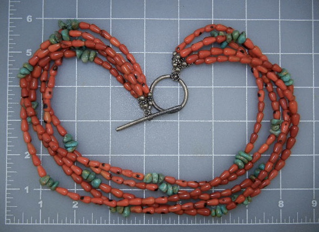 Orange Coral and Turquoise Designer 5 Strand Necklace