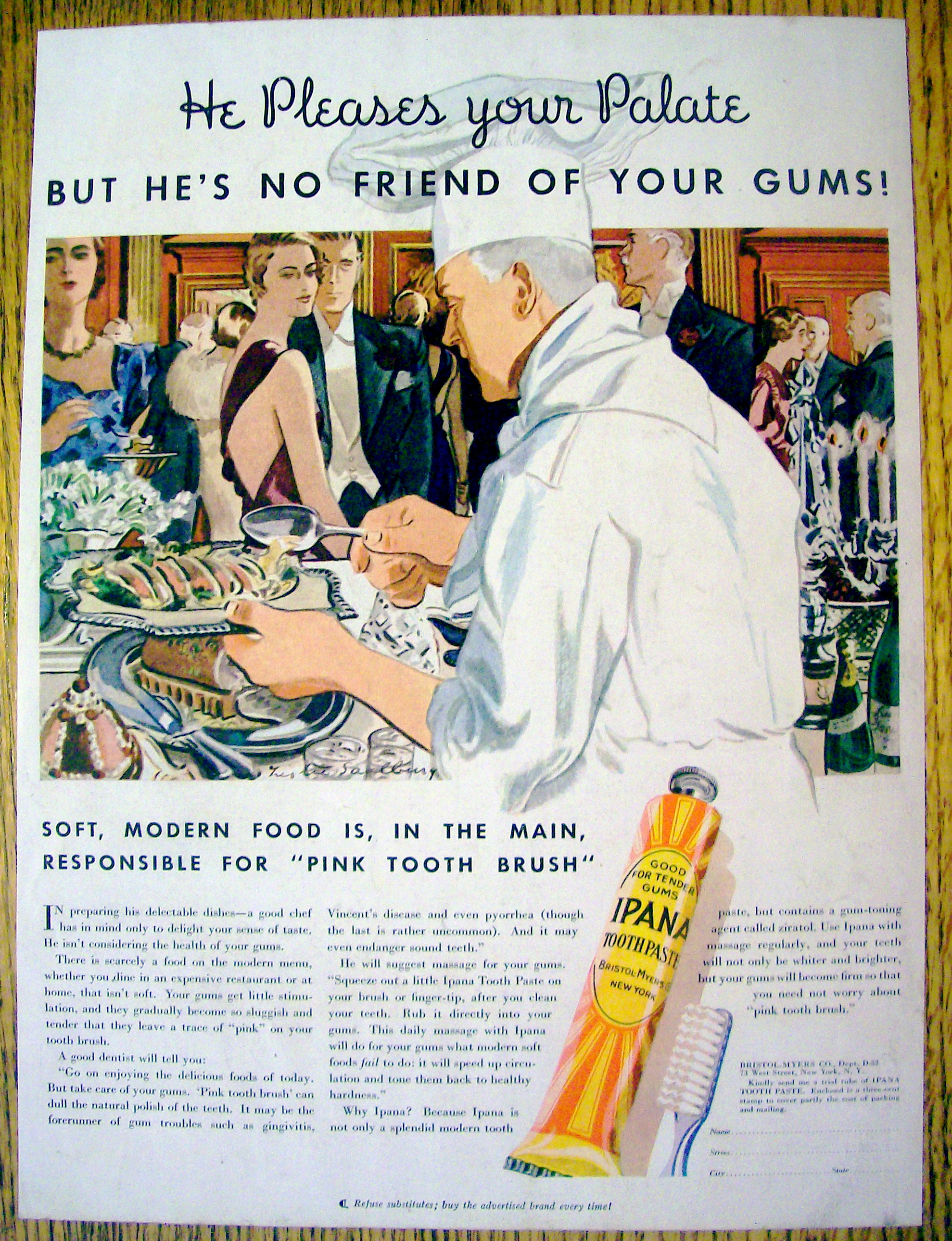 1934 Ipana Toothpaste with Chef Setting Up Buffet