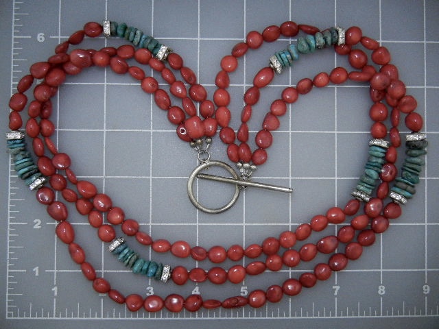 Red Coral  Turquoise Rhinestone  3 strand Necklace