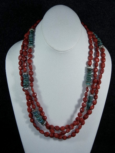 Red Coral  Turquoise Rhinestone  3 strand Necklace