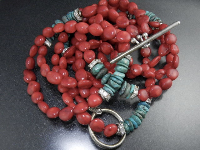 Red Coral  Turquoise Rhinestone  3 strand Necklace