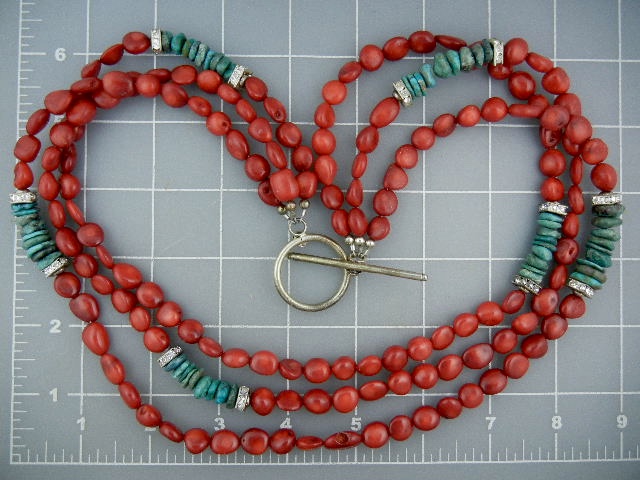 Red Coral  Turquoise Rhinestone  3 strand Necklace