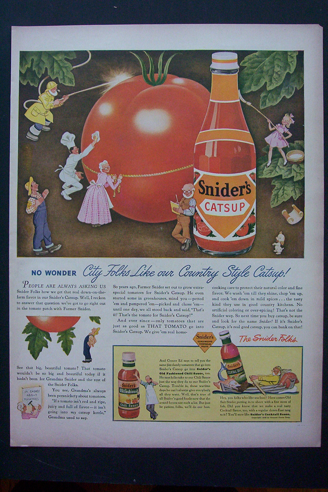 1943 Snider's Catsup with Little People Cleaning Tomato