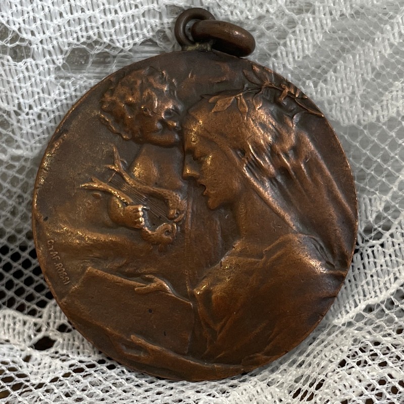Large Rare 1911 Antique Saint Cecelia & Angel Art Nouveau Holy Medal, Signed Rossi