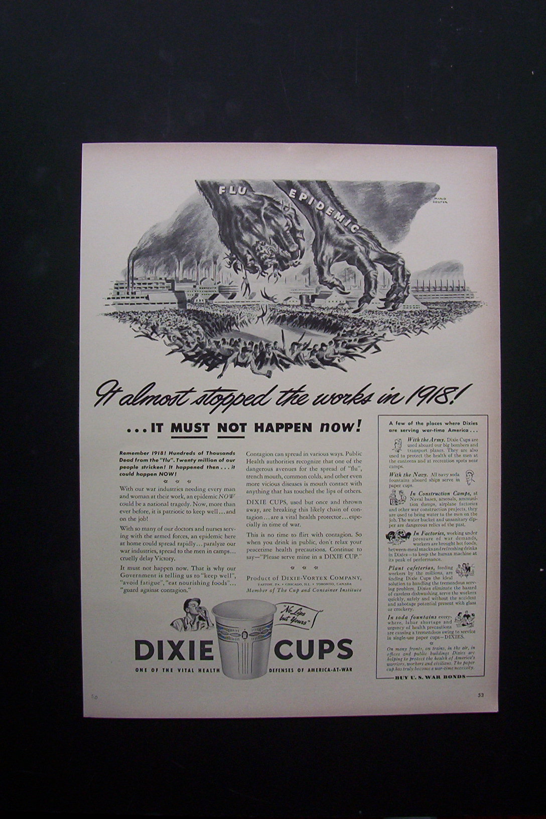 1944 Dixie Cups with 2 Hands & the Flu Epidemic
