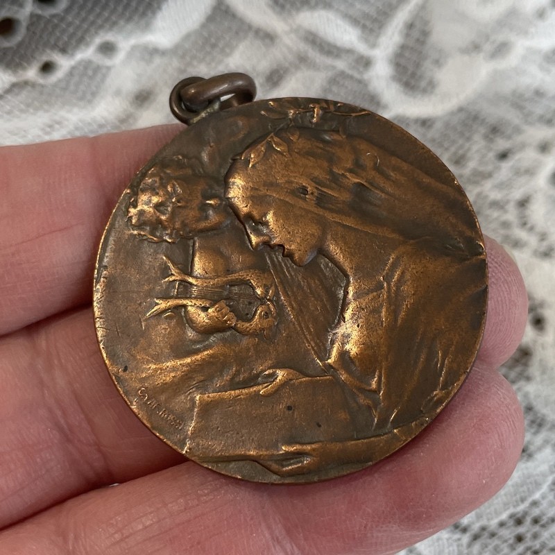 Large Rare 1911 Antique Saint Cecelia & Angel Art Nouveau Holy Medal, Signed Rossi