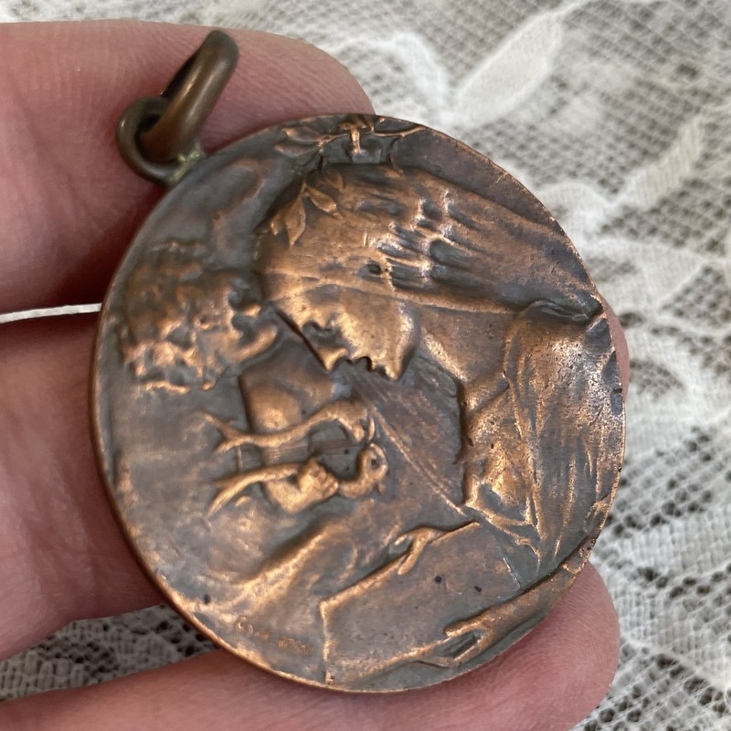 Large Rare 1911 Antique Saint Cecelia & Angel Art Nouveau Holy Medal, Signed Rossi