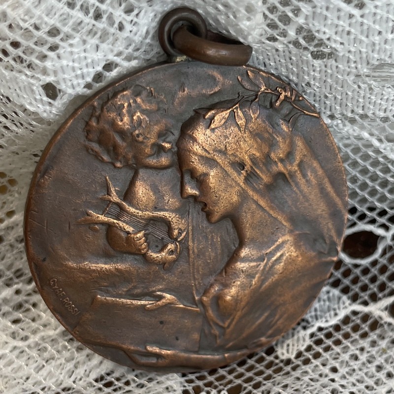 Large Rare 1911 Antique Saint Cecelia & Angel Art Nouveau Holy Medal, Signed Rossi