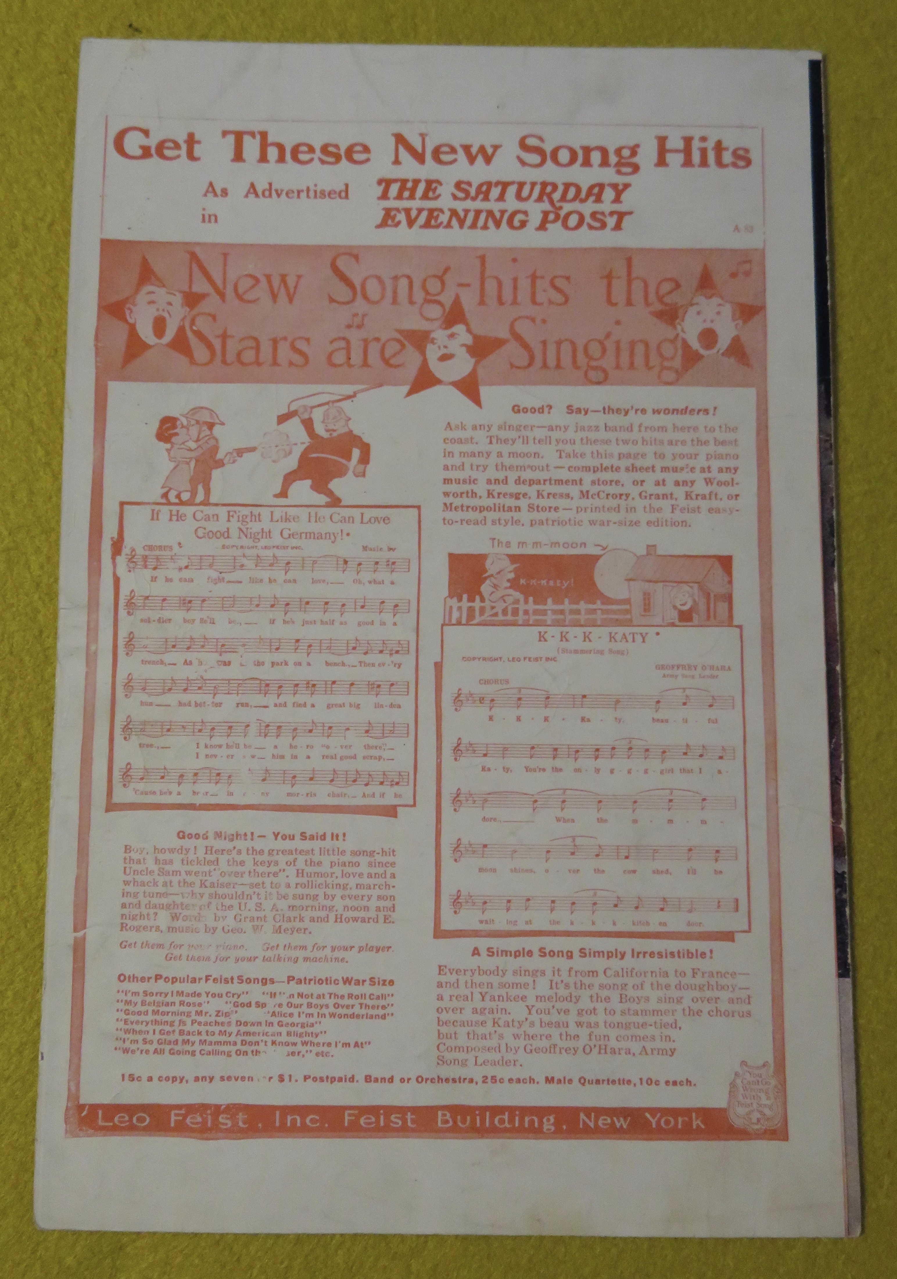 1918 K-K-K-Katy Sheet Music Geoffrey O'Hara
