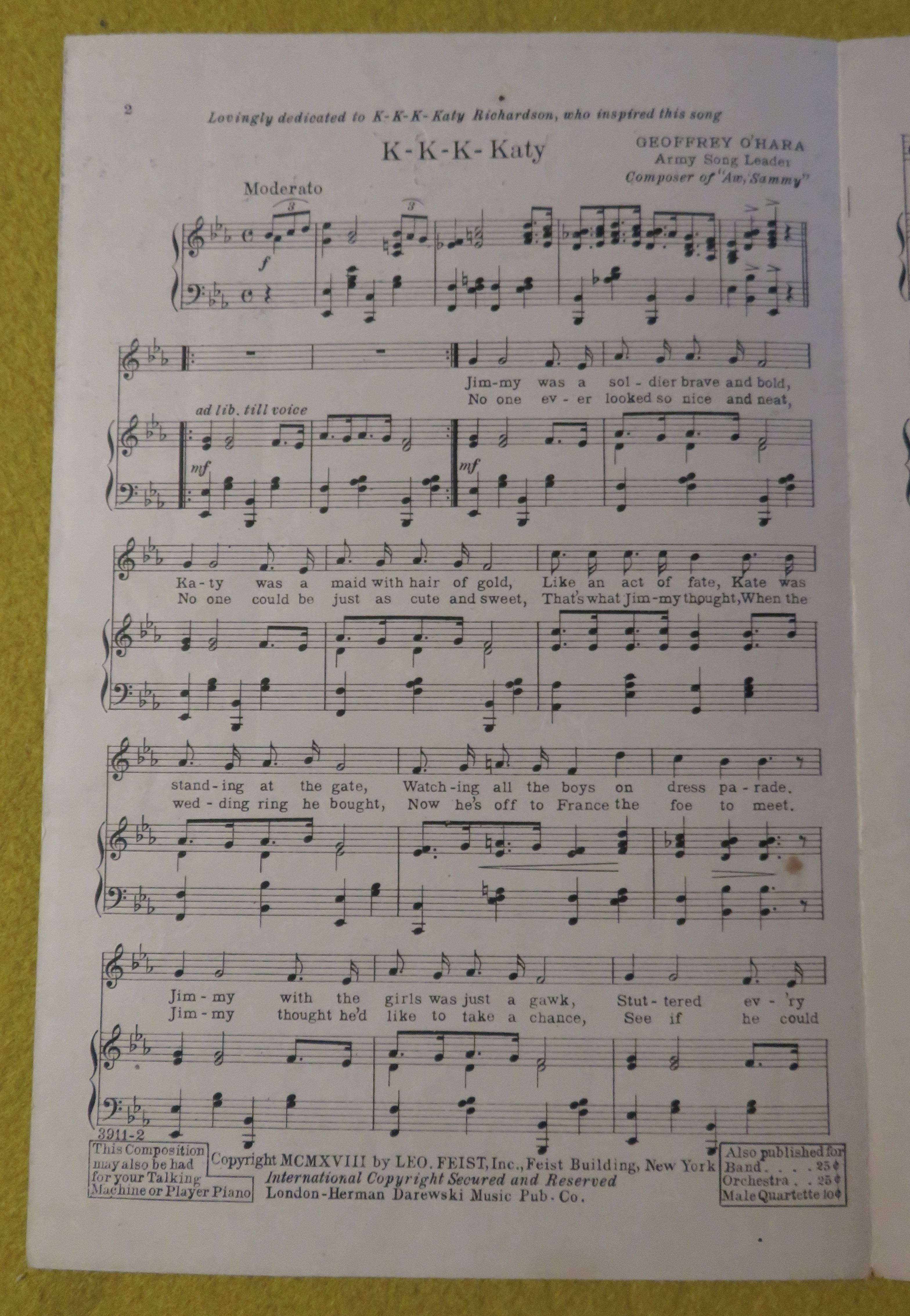 1918 K-K-K-Katy Sheet Music Geoffrey O'Hara