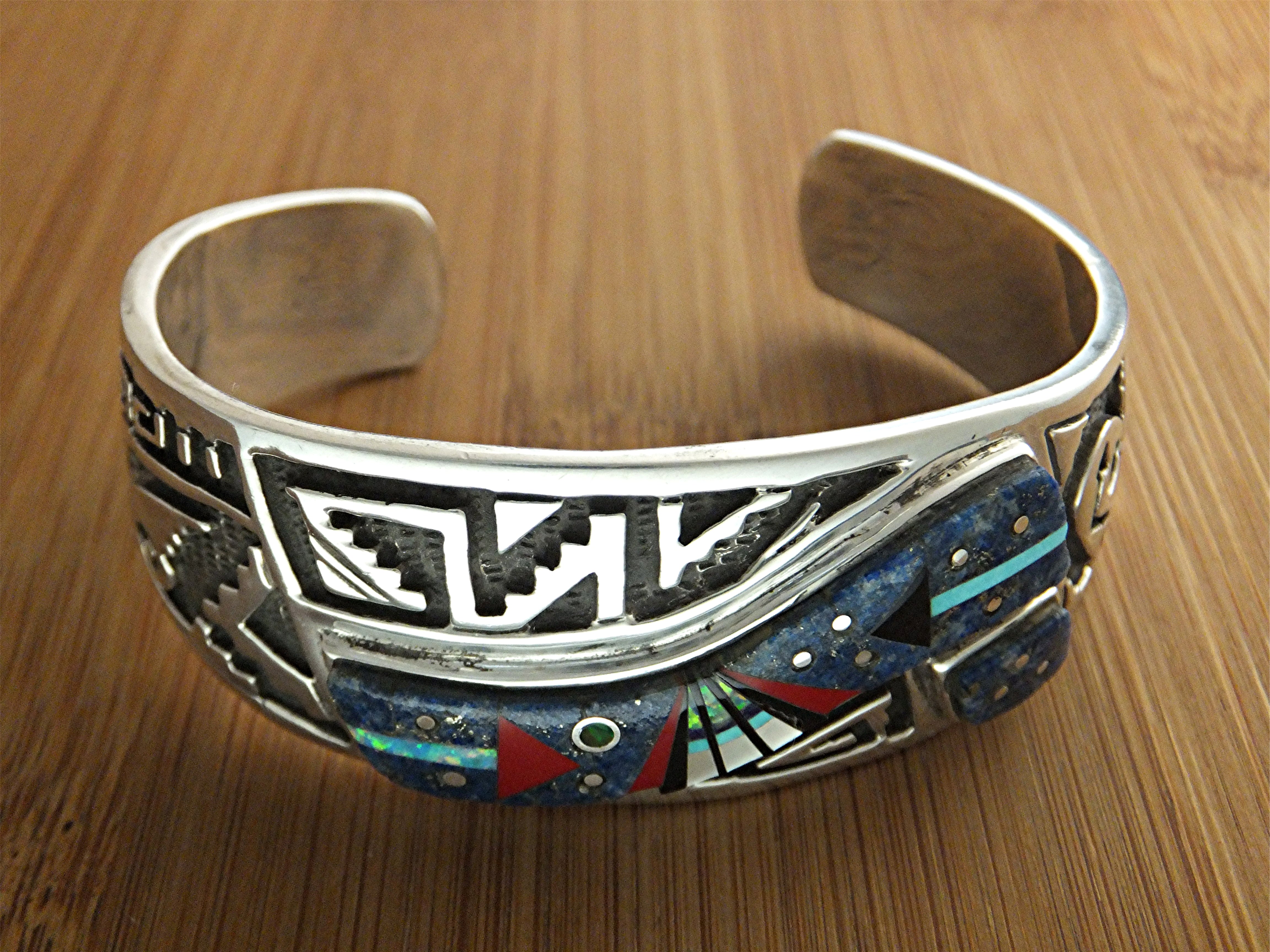 Calvin Begay Coral Lapis Sterling Silver Cuff