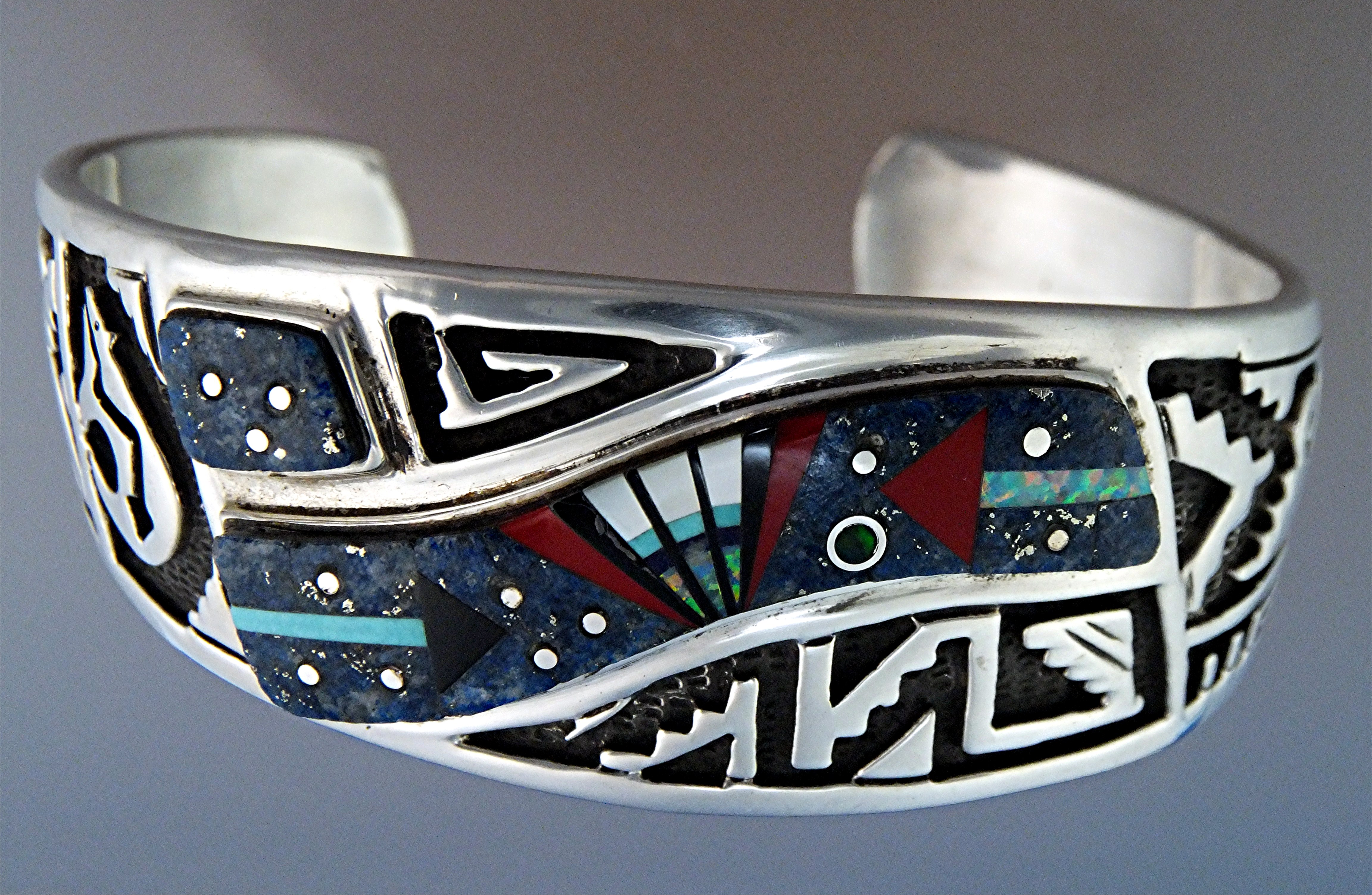 Calvin Begay Coral Lapis Sterling Silver Cuff