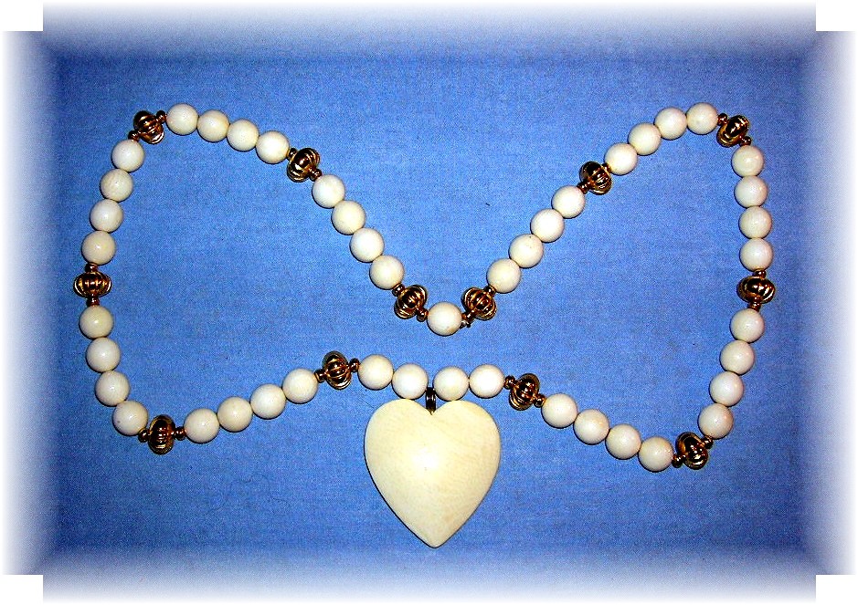 Bone Ivory Heart Antique  Beads Necklace