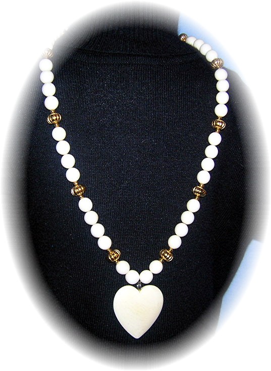 Bone Ivory Heart Antique  Beads Necklace