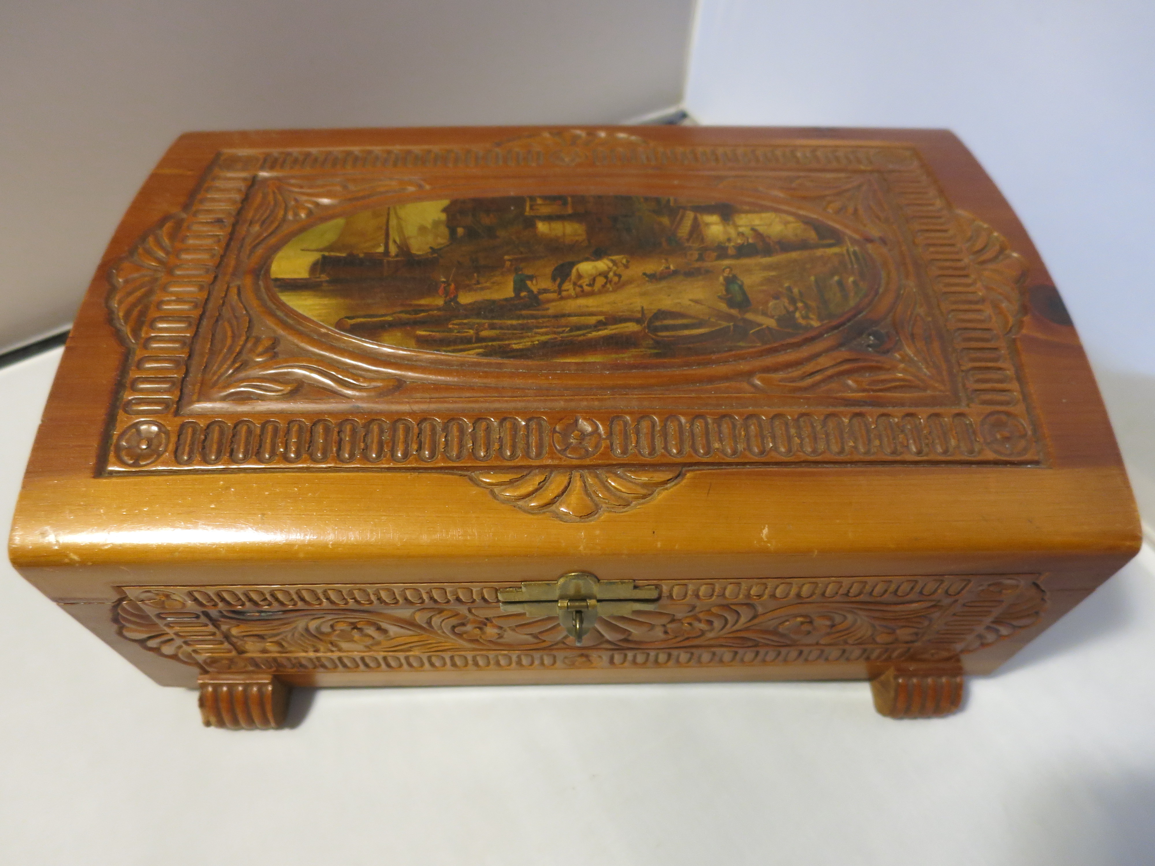 Carved Cedar Wood Jewelry Box Lithograph Ship Yard