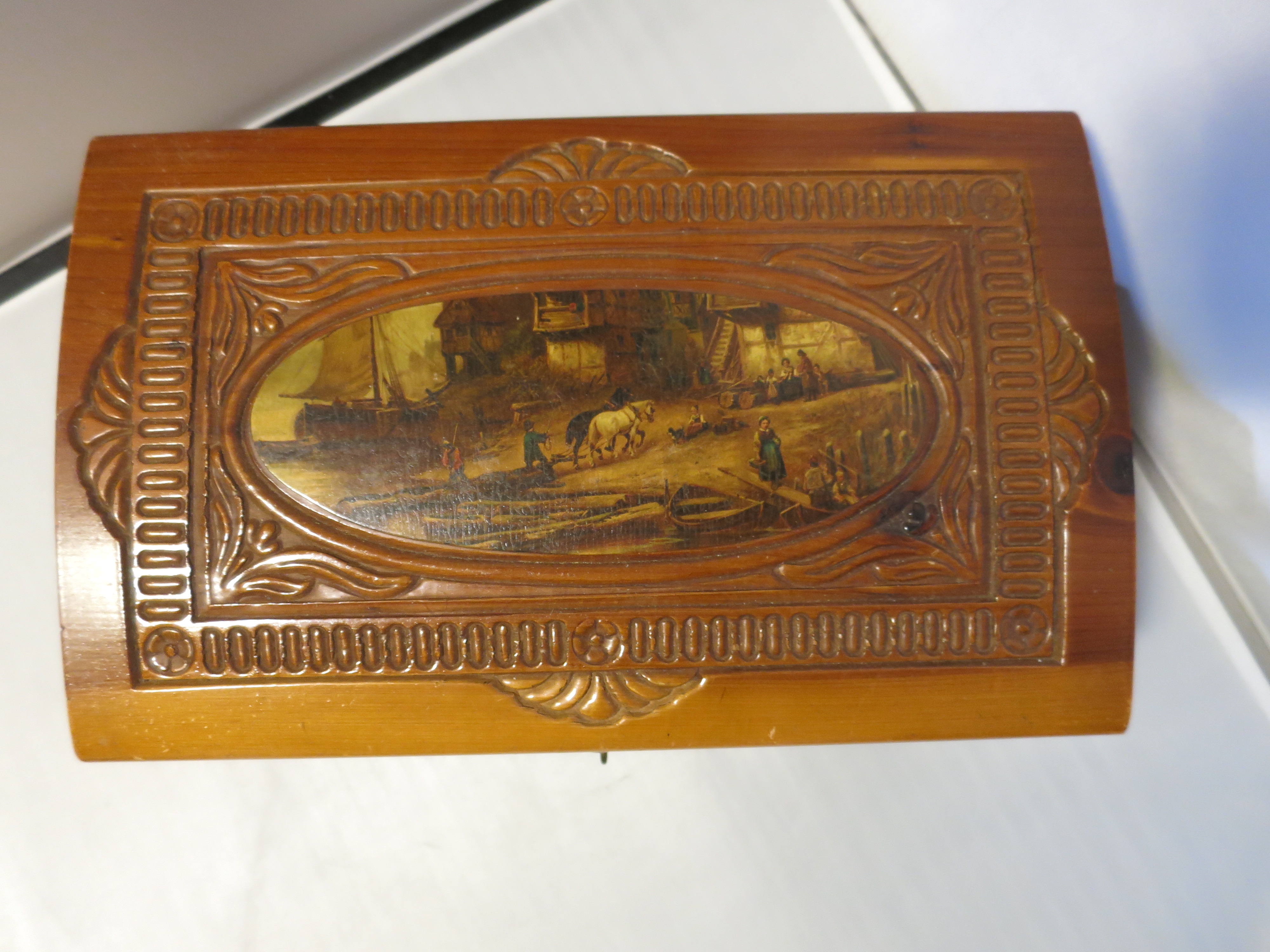 Carved Cedar Wood Jewelry Box Lithograph Ship Yard
