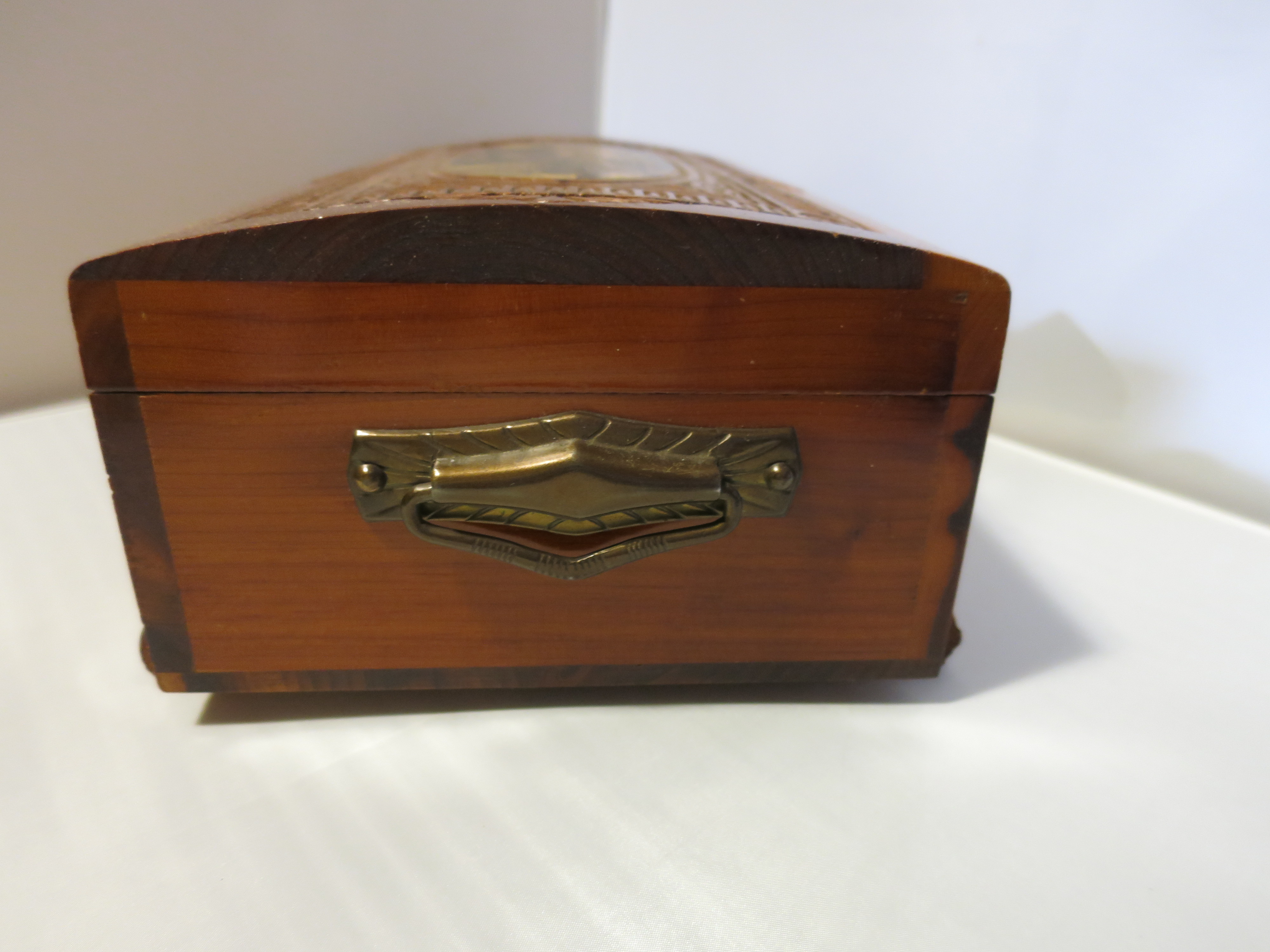 Carved Cedar Wood Jewelry Box Lithograph Ship Yard