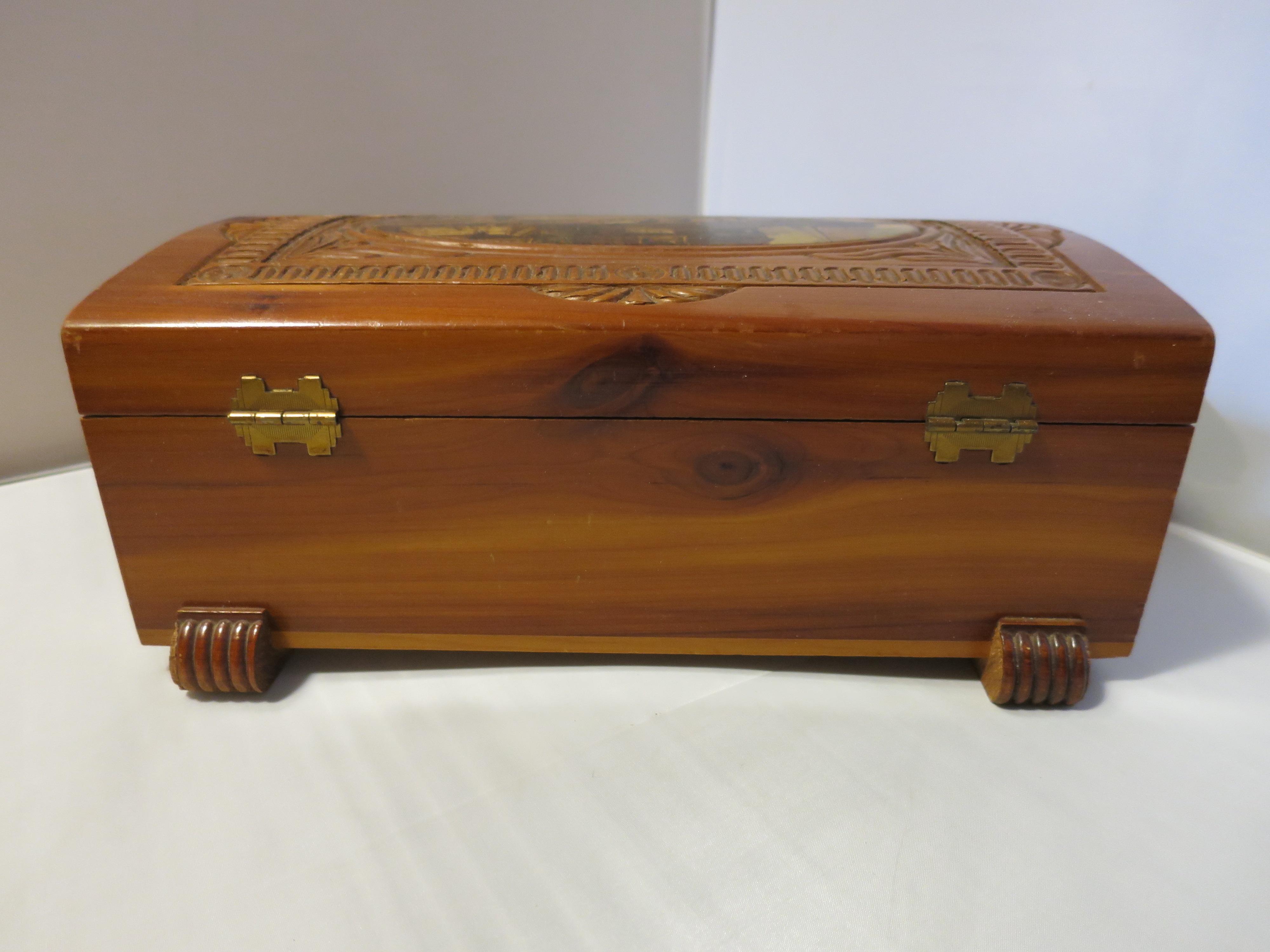Carved Cedar Wood Jewelry Box Lithograph Ship Yard