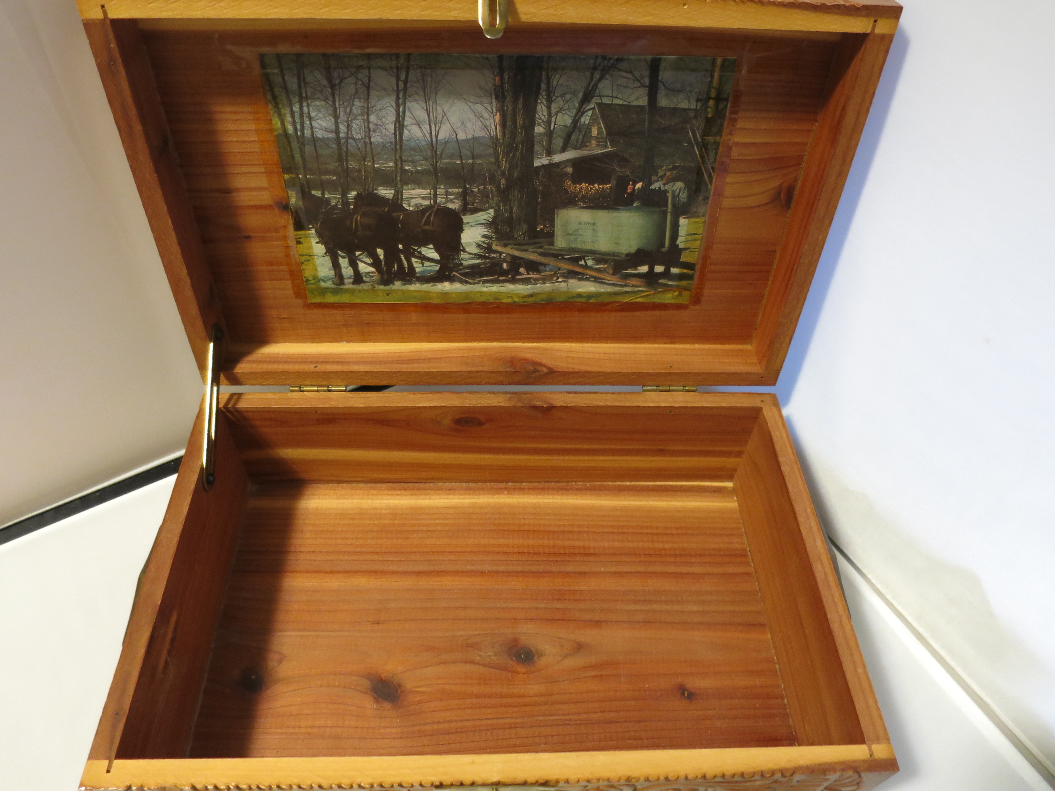 Carved Cedar Wood Jewelry Box Lithograph Ship Yard