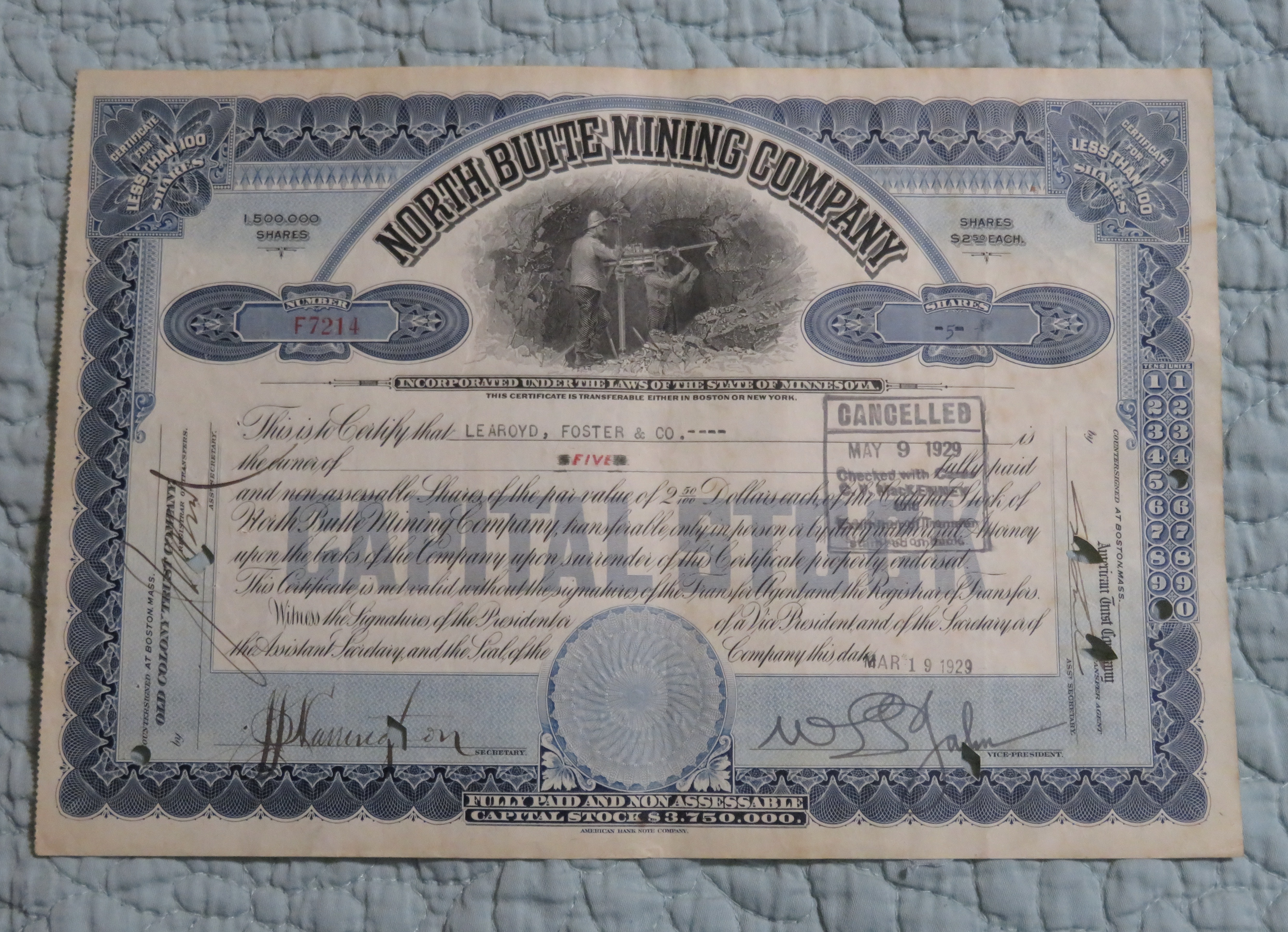 1929 North Butte Mining Company Stock Certificate