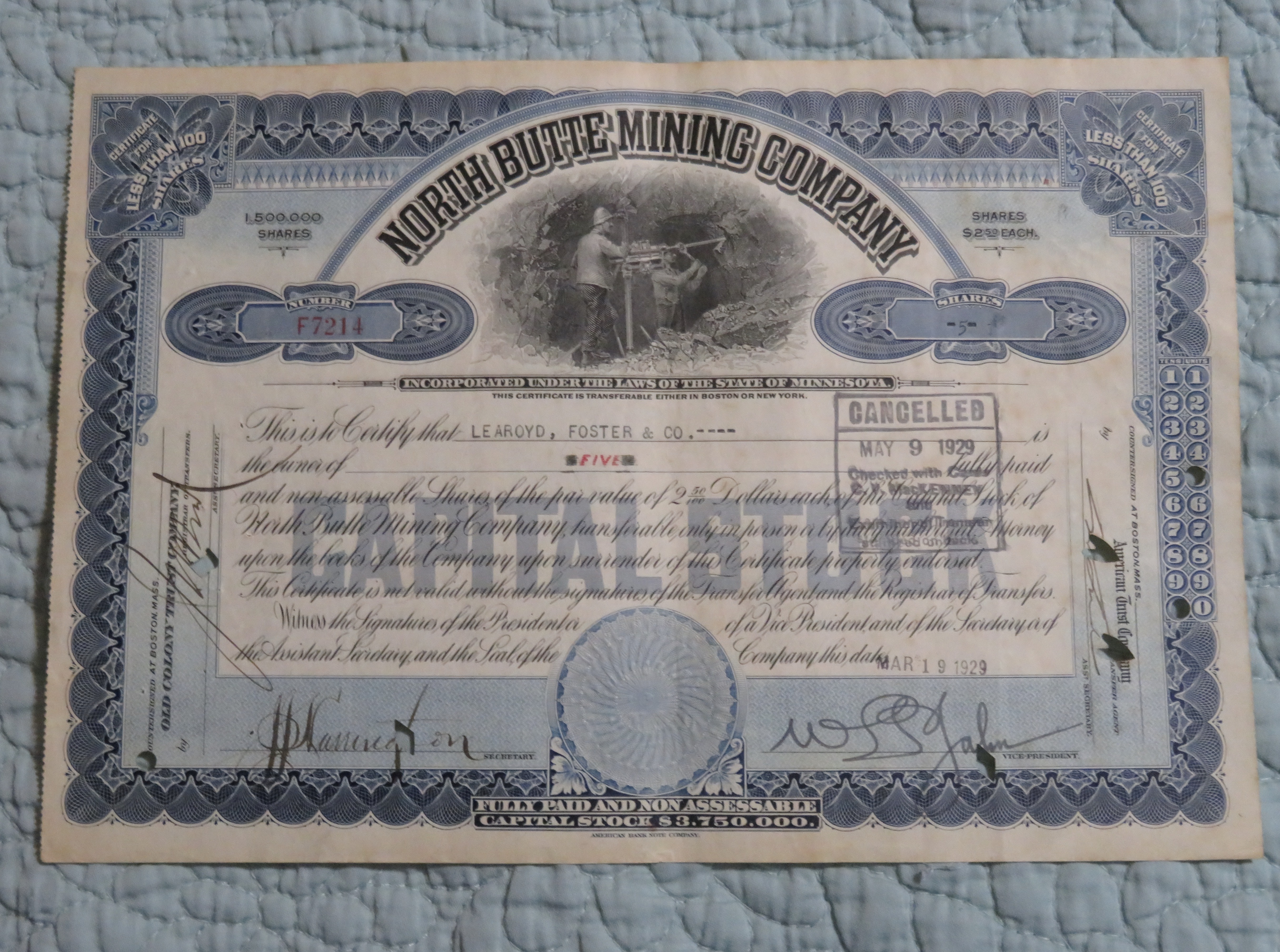 1929 North Butte Mining Company Stock Certificate