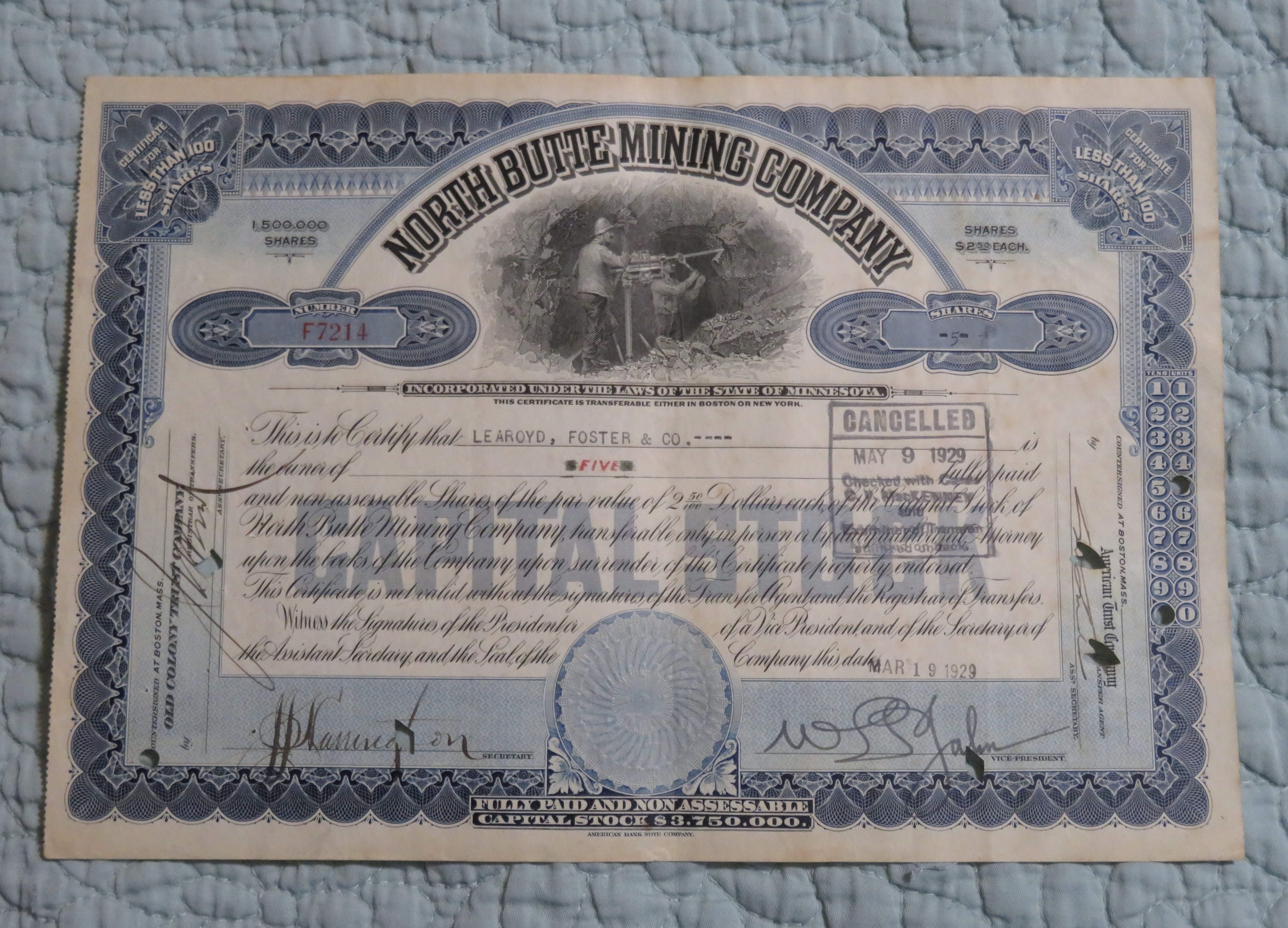1929 North Butte Mining Company Stock Certificate