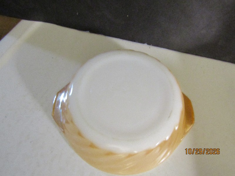Vintage Fire-King Peach Lustre Swirl Pattern Lugged Bowl Milk Glass