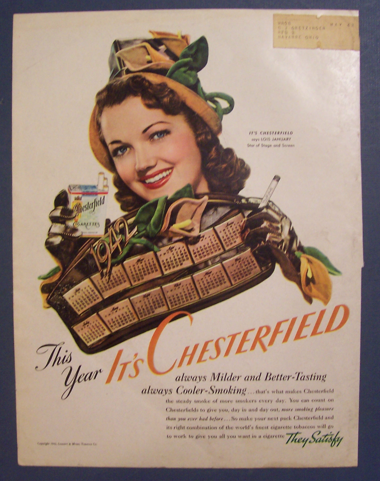 1942 Chesterfield Cigarettes with Lois January