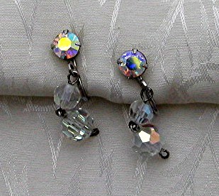 Crystal borealis Rhinestone Silver Clip Dangle Earrings
